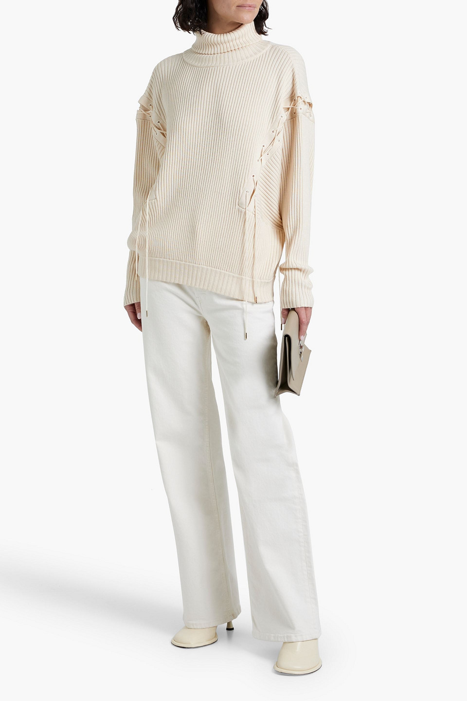 Palmer Harding Possibility Lace-up Ribbed Wool And Cotton-blend Turtleneck Sweater In Cream