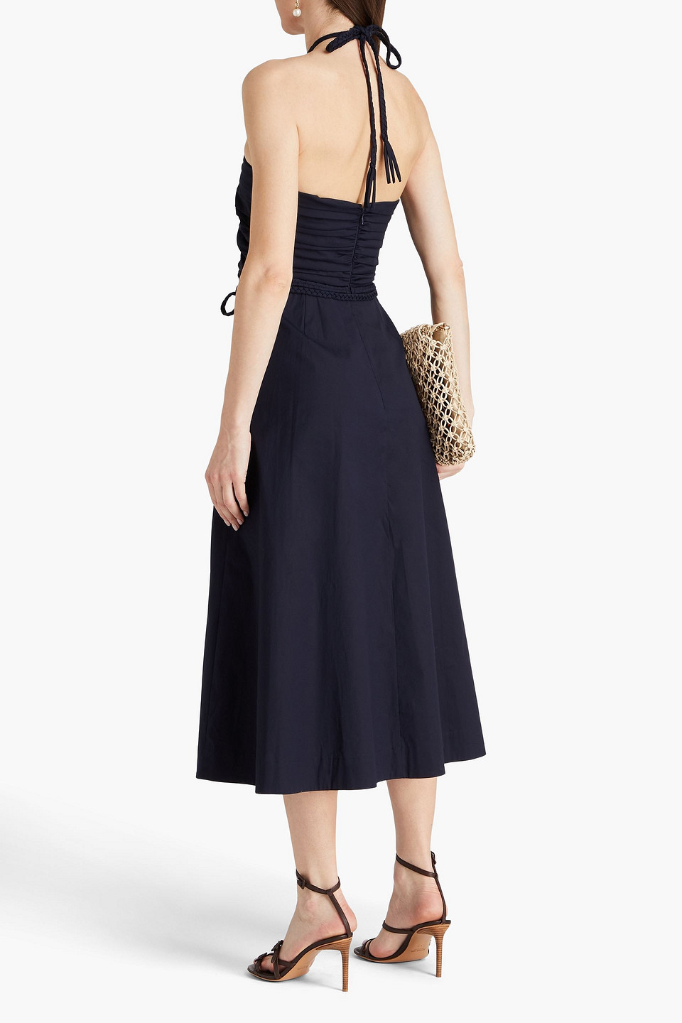 Shop Veronica Beard Tucker Ruched Stretch-cotton Poplin Halterneck Midi Dress In Navy