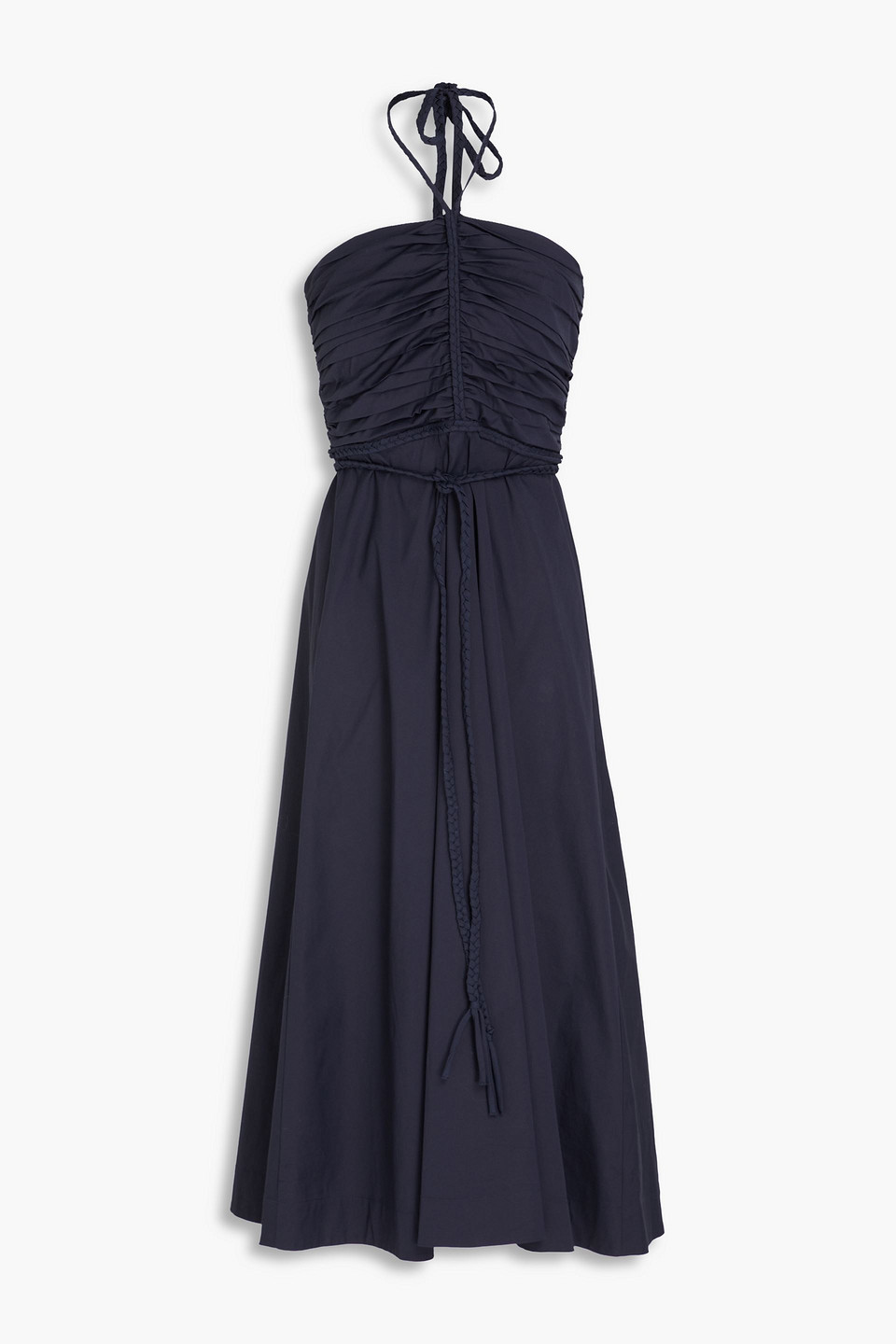 Shop Veronica Beard Tucker Ruched Stretch-cotton Poplin Halterneck Midi Dress In Navy