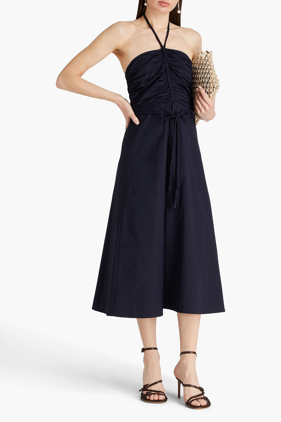 Shop Veronica Beard Tucker Ruched Stretch-cotton Poplin Halterneck Midi Dress In Navy