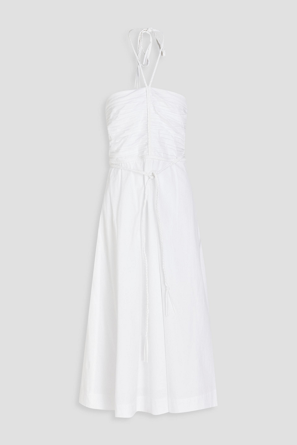 Shop Veronica Beard Tucker Ruched Stretch-cotton Poplin Halterneck Midi Dress In White