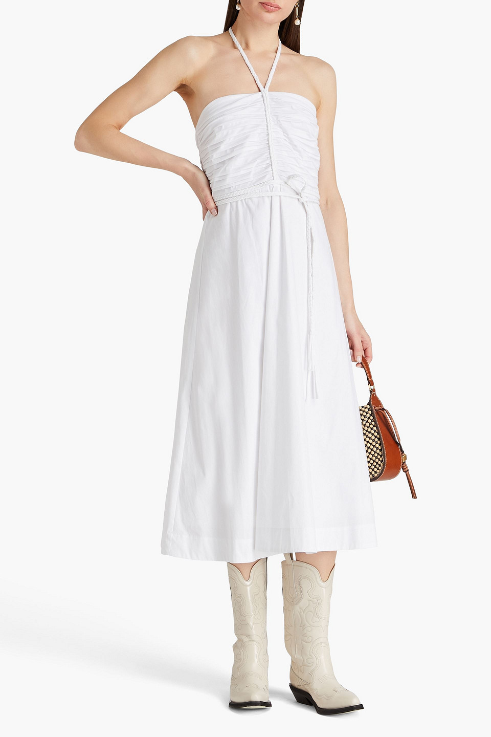 Shop Veronica Beard Tucker Ruched Stretch-cotton Poplin Halterneck Midi Dress In White