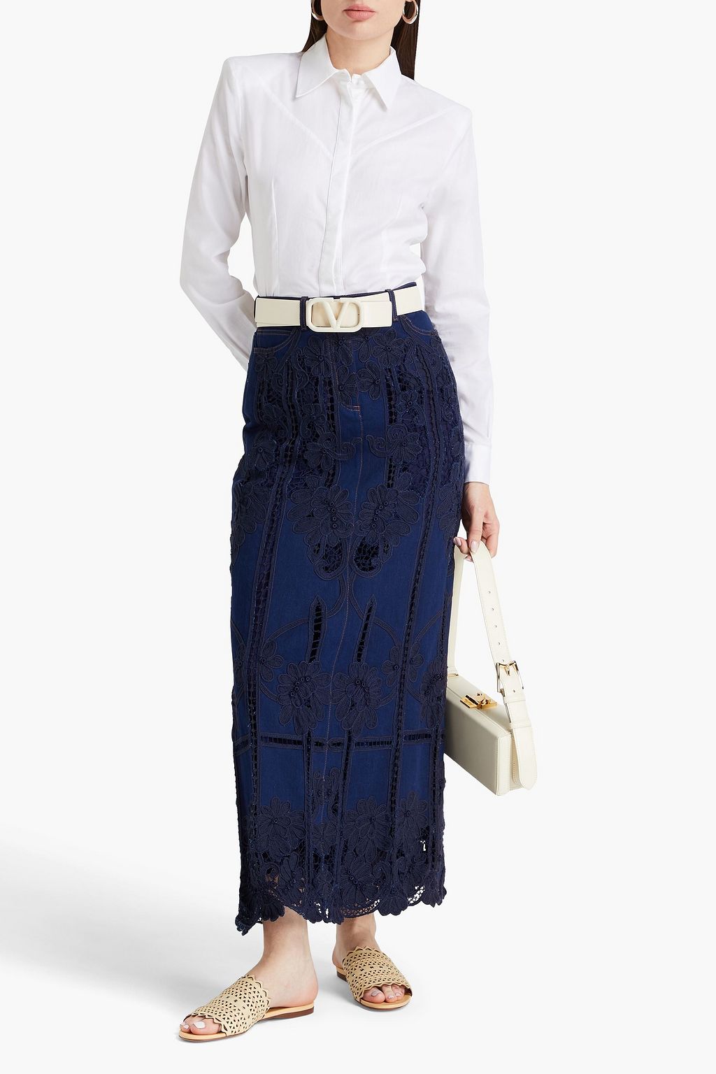VALENTINO GARAVANI 레이스 트리밍 데님 맥시 스커트