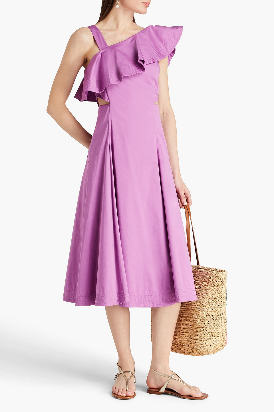 Veronica Beard Asymmetric Neck Cotton Blend Midi Dress In Lavender