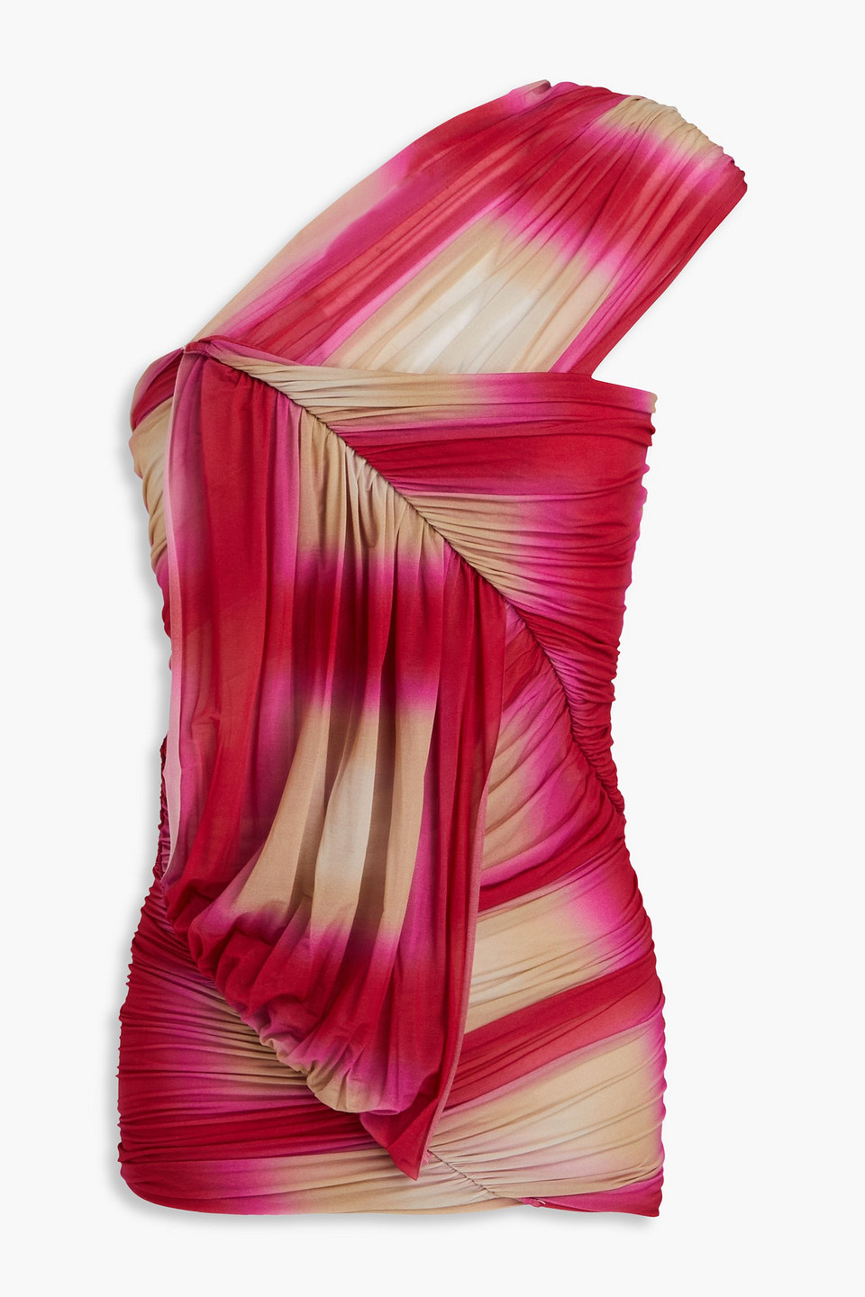 Rick Owens One-shoulder Ruched Printed Cupro-blend Jersey Top In Magenta