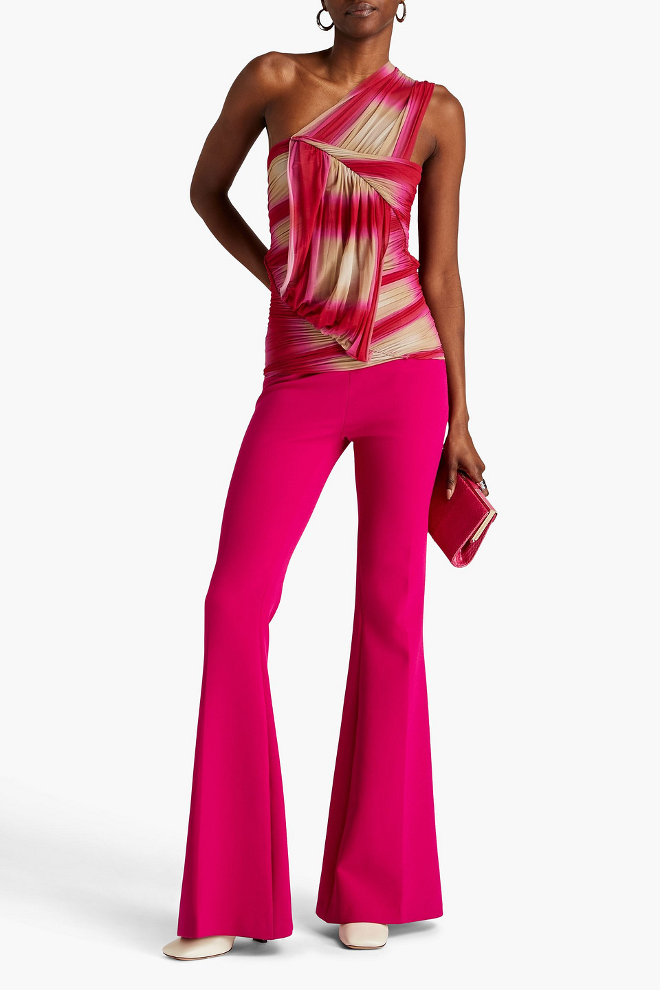 Shop Rick Owens One-shoulder Ruched Printed Cupro-blend Jersey Top In Magenta