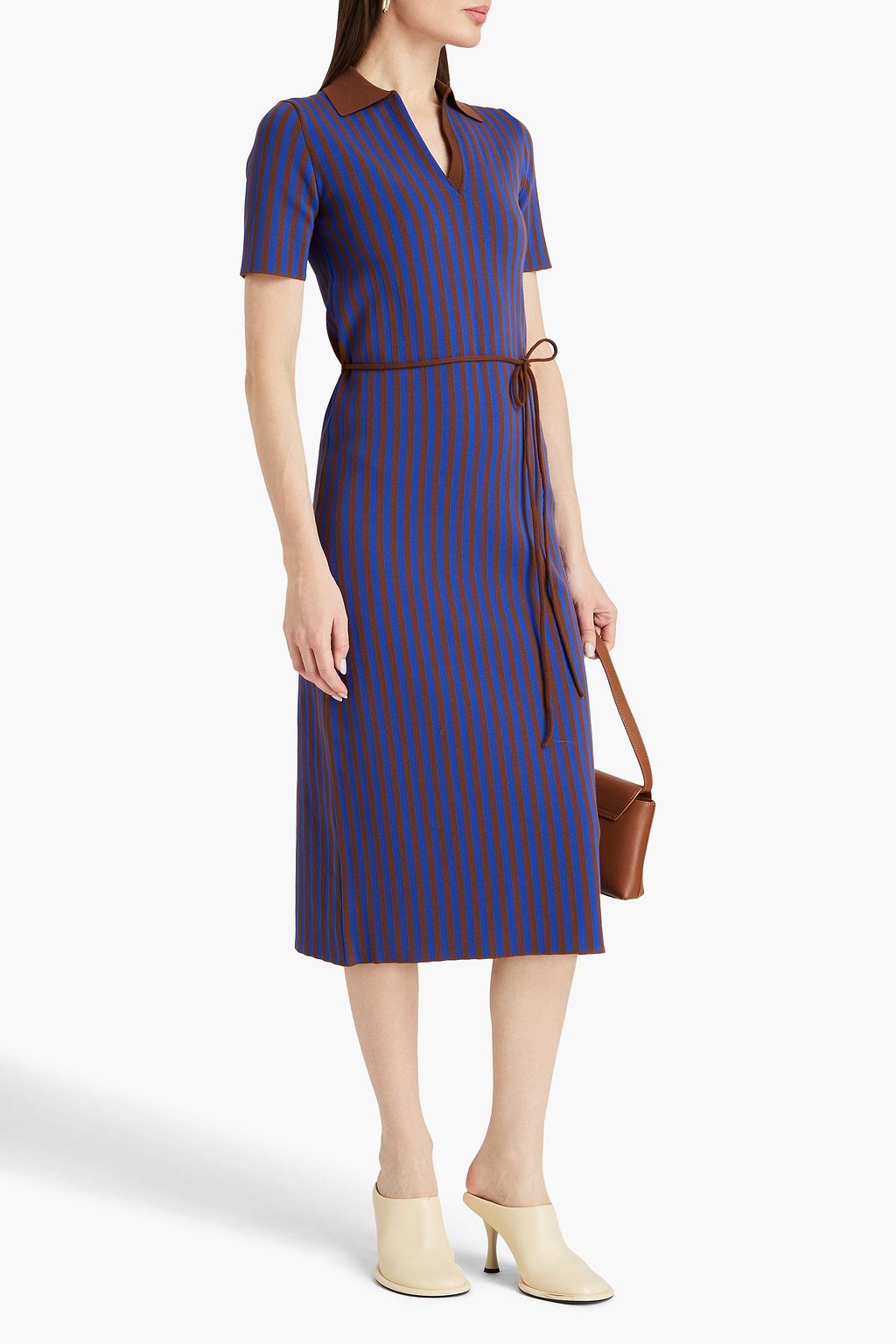 Belted striped jacquard knit midi dress bright blue XXS