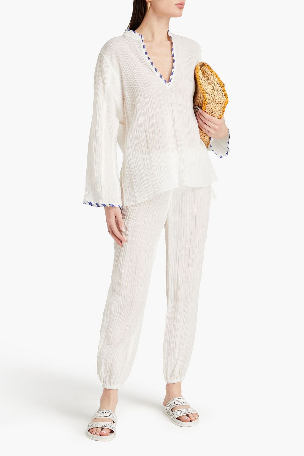 TORY BURCH 크링클 라미 코튼 혼방 거즈 테이퍼드 팬츠