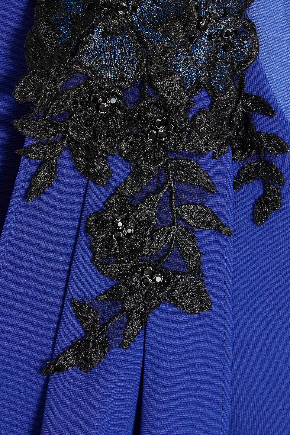 MARCHESA NOTTE APPLIQUÉD DRAPED CREPE GOWN 