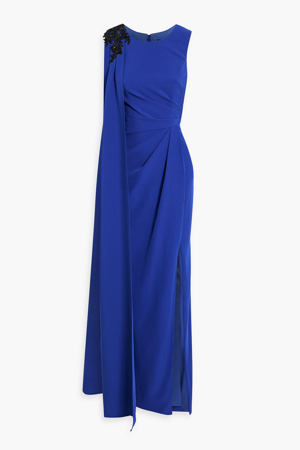 Marchesa Notte Appliquéd Draped Crepe Gown In Royal Blue