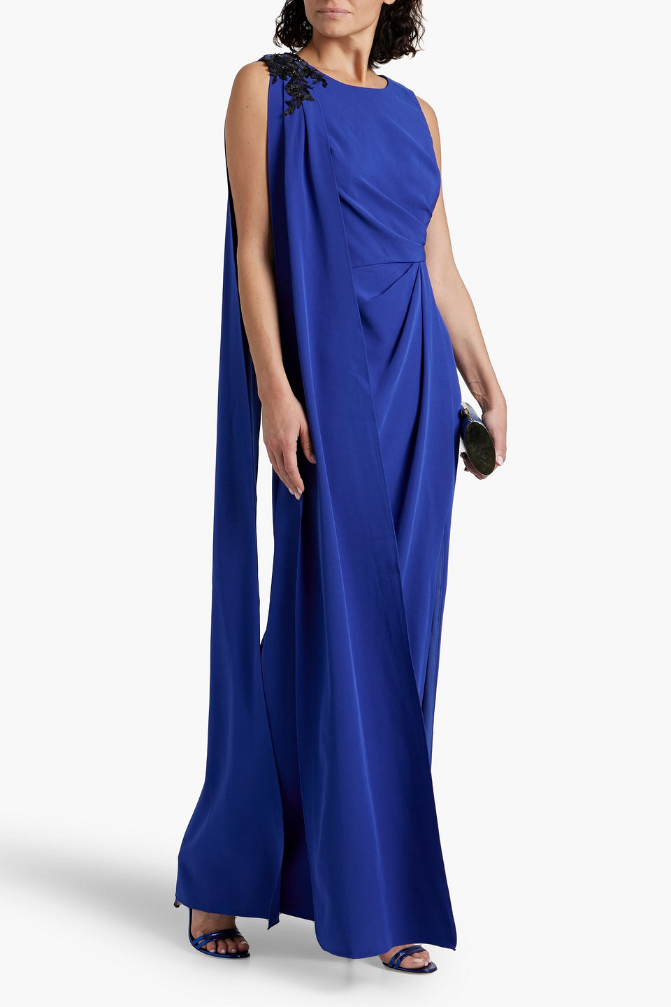 Shop Marchesa Notte Appliquéd Draped Crepe Gown In Royal Blue