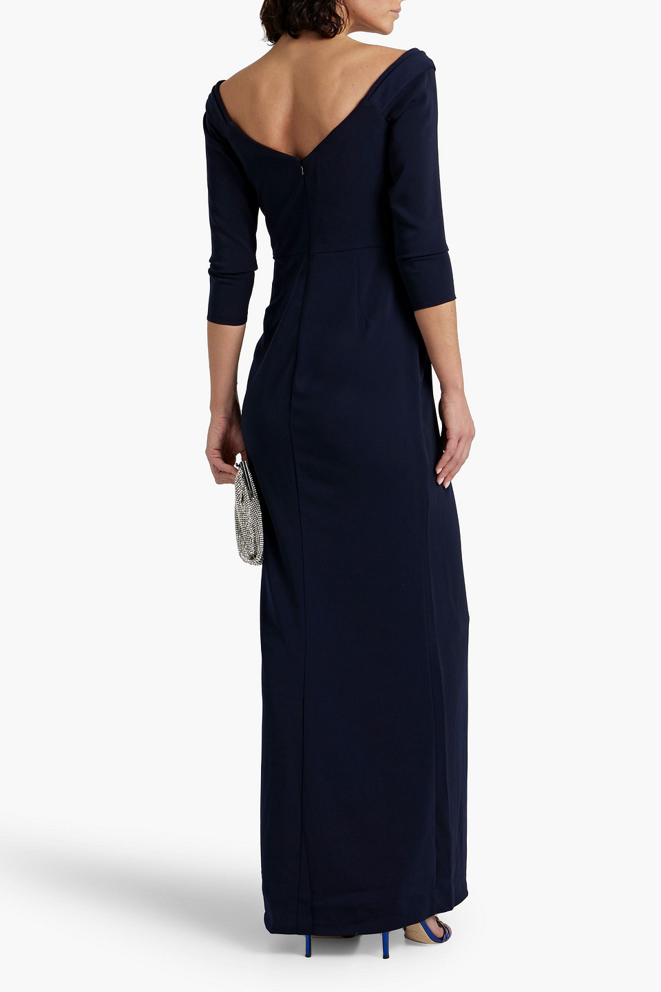 Shop Marchesa Notte Draped Crepe Gown In Navy