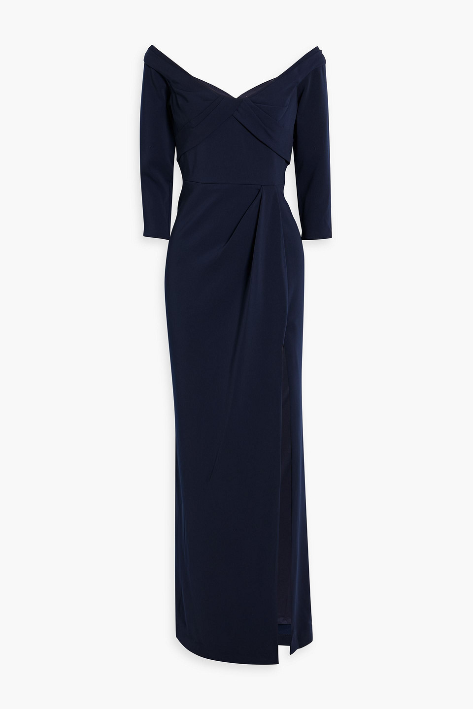 Marchesa Notte Draped Crepe Gown In Navy