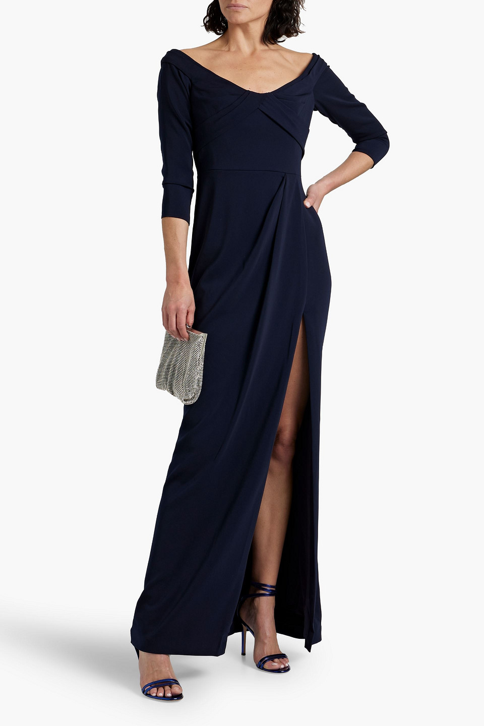 Shop Marchesa Notte Draped Crepe Gown In Navy