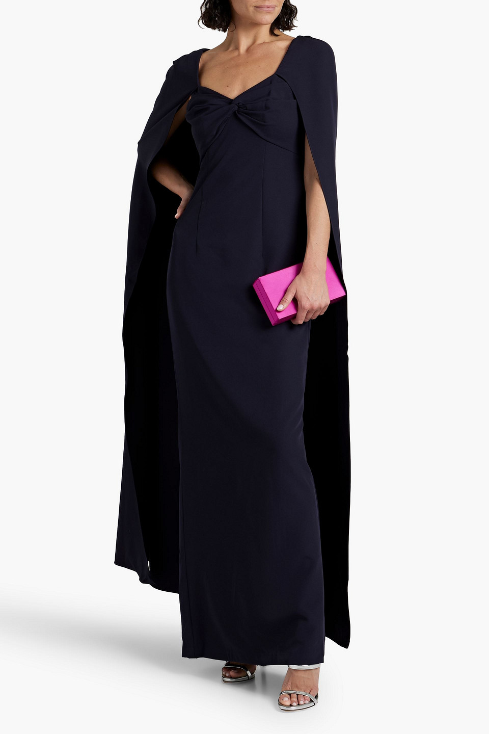 MARCHESA NOTTE CAPE-EFFECT TWISTED STRETCH-CREPE GOWN