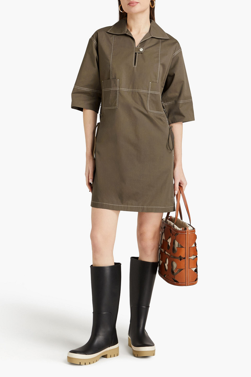TORY BURCH TOPSTITCHED COTTON-POPLIN MINI DRESS