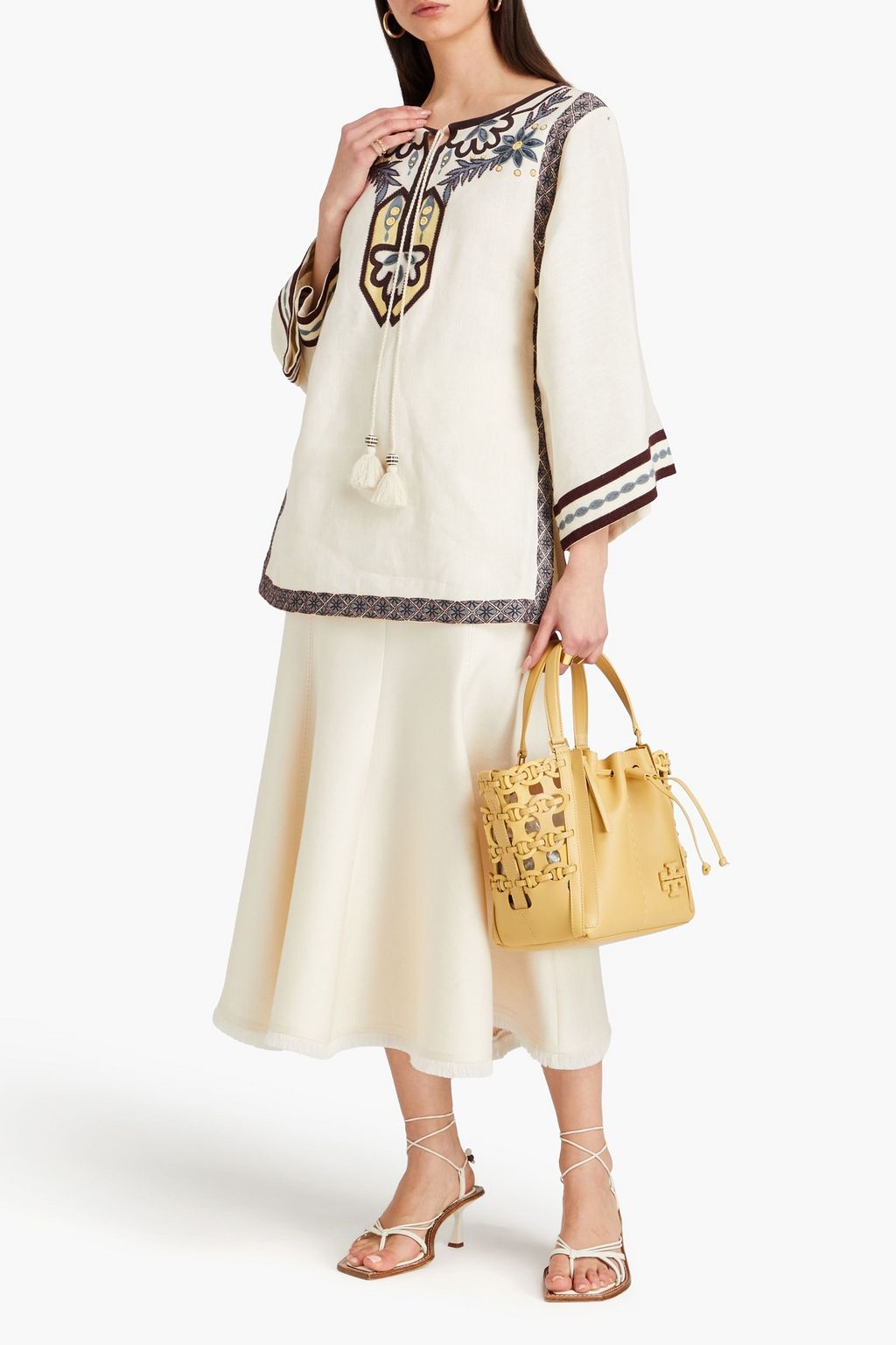 TORY BURCH 자수 장식 리넨 캔버스 카프탄
