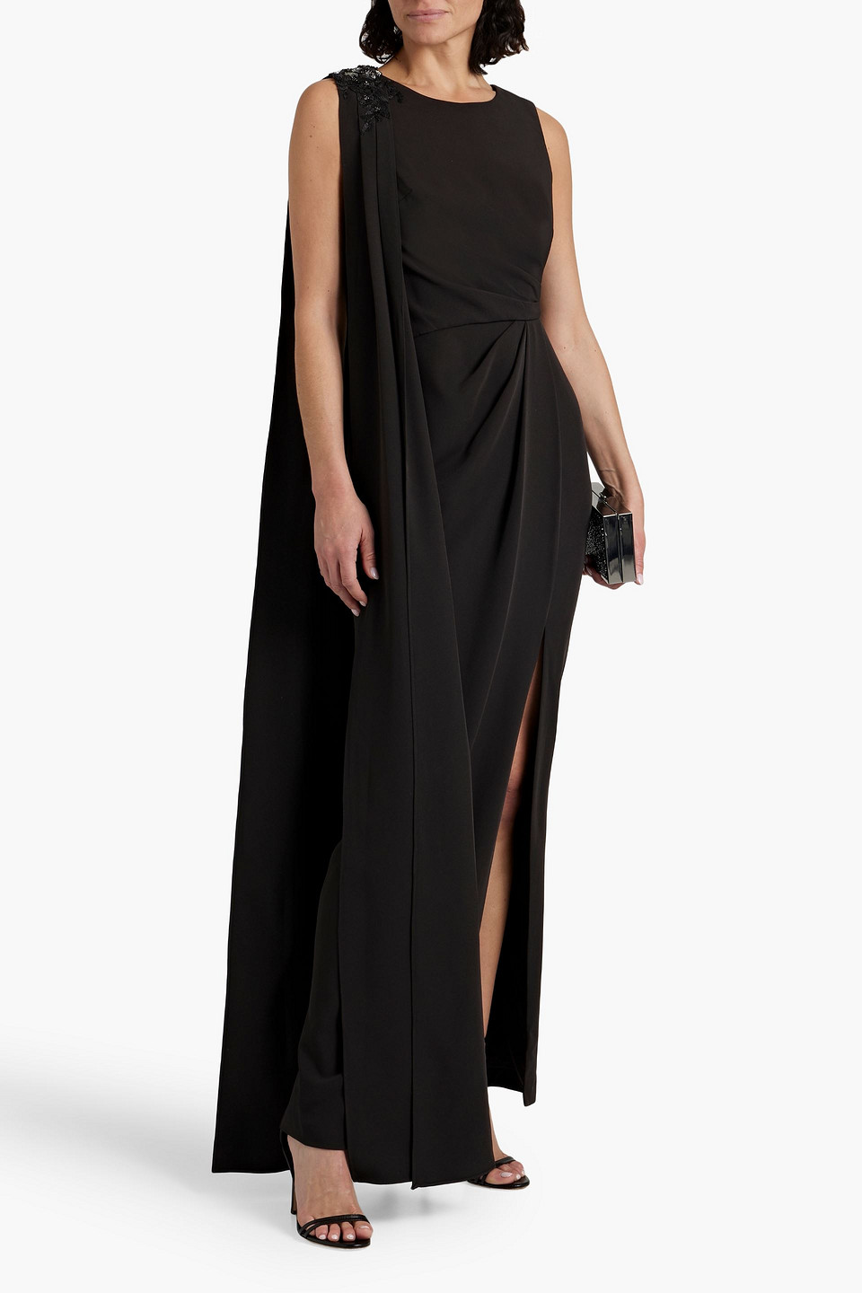 Shop Marchesa Notte Embellished Draped Crepe Gown In Black