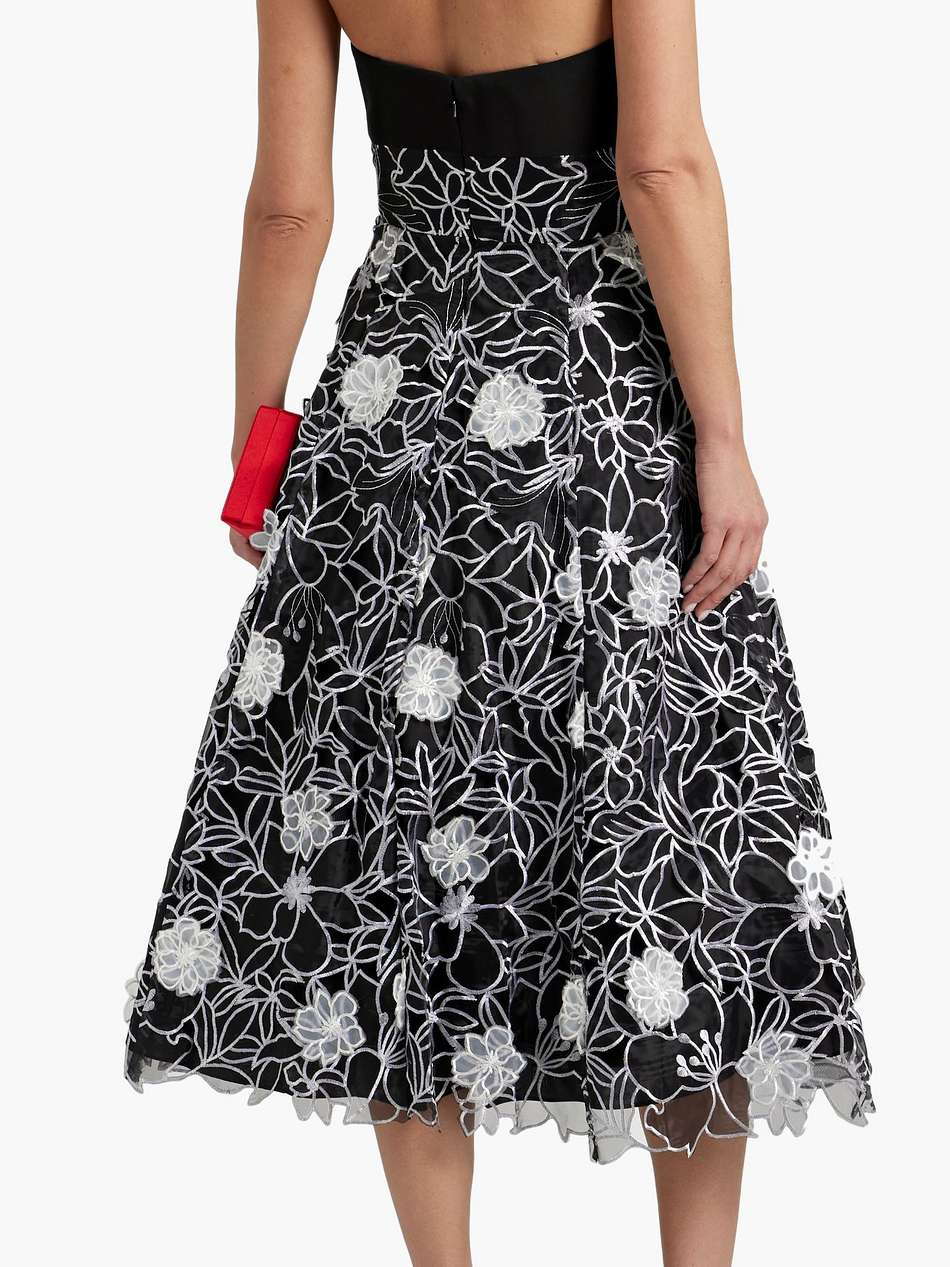 strapless faille-paneled embroidered organza midi dress