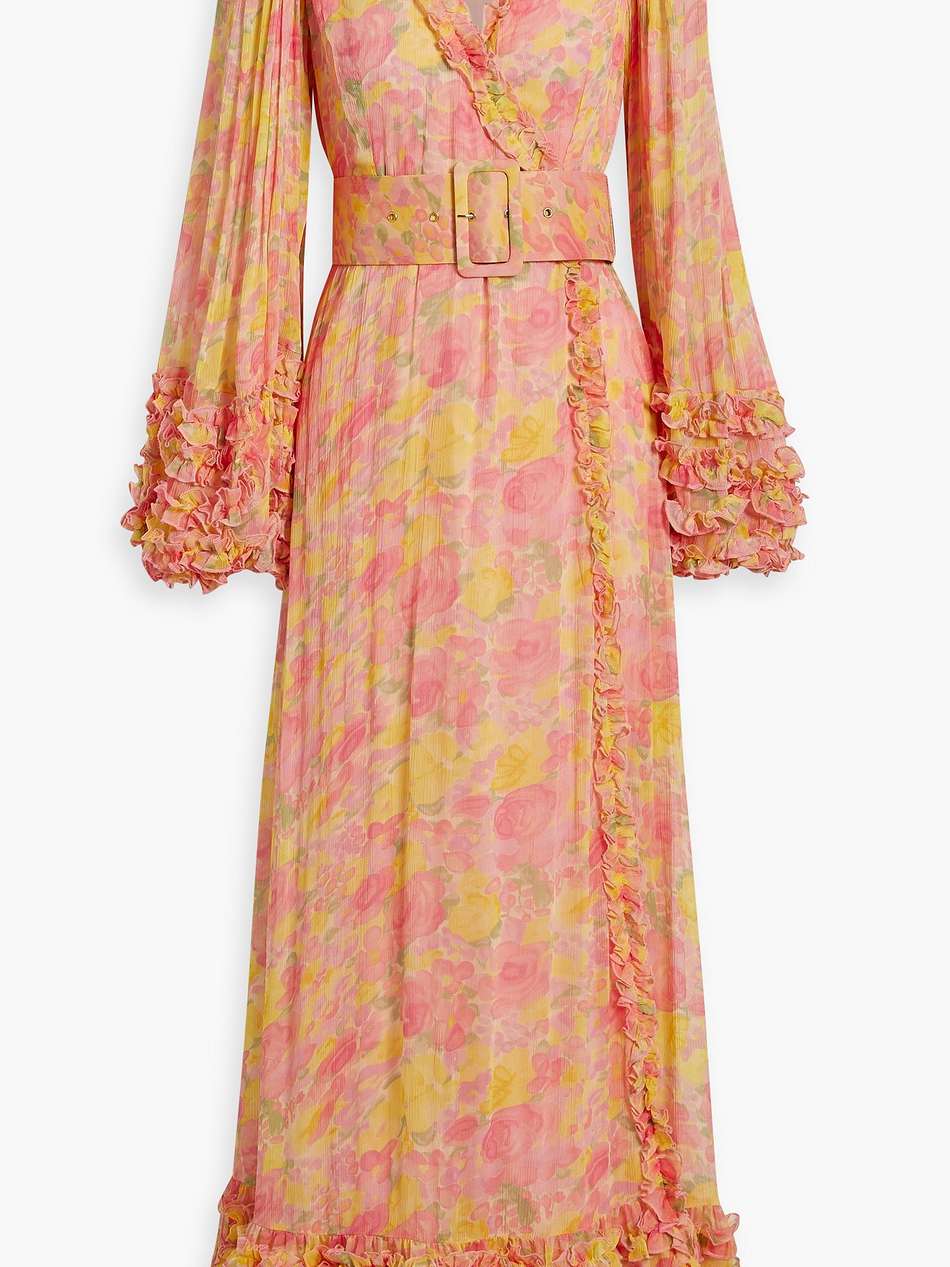 ruffled floral-print georgette maxi wrap dress