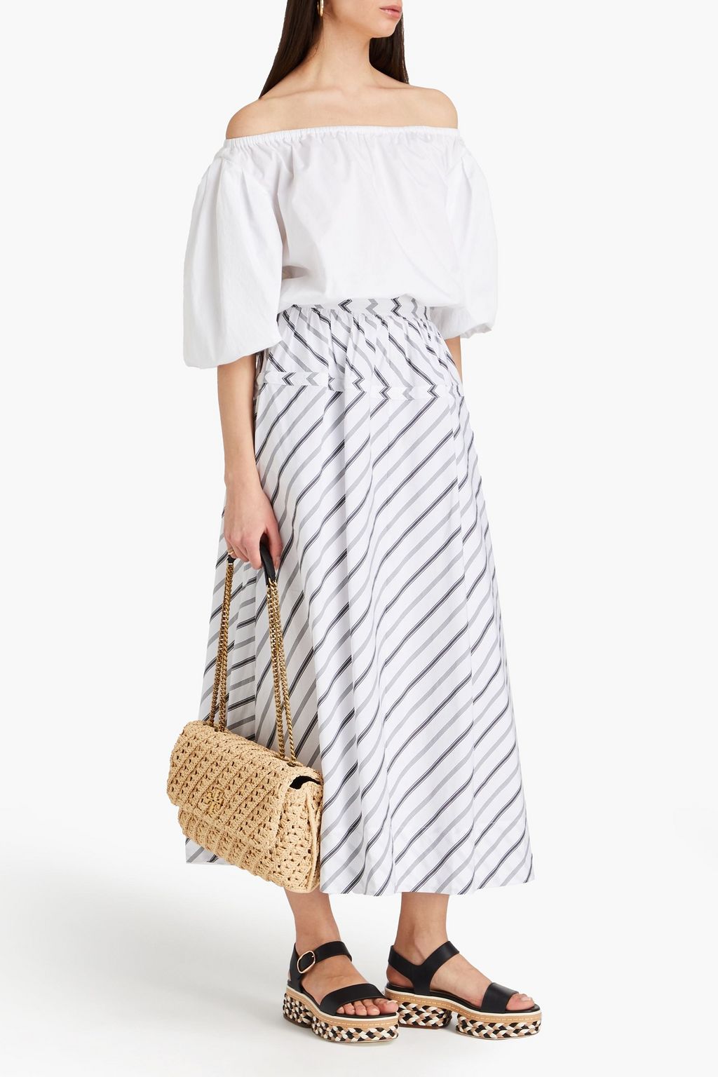TORY BURCH 스트라이프 코튼 포플린 미디 스커트