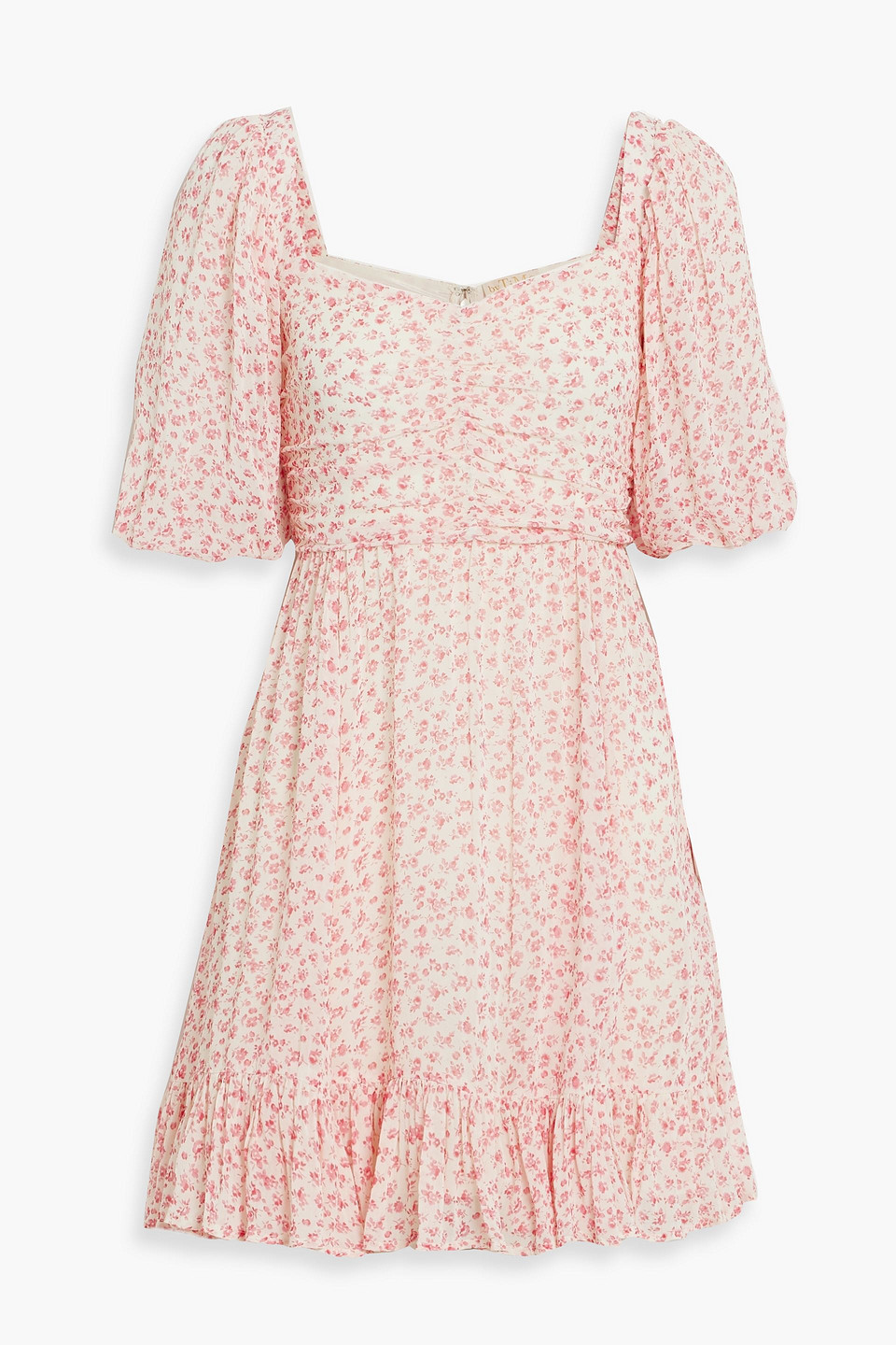 Ruched floral-print chiffon mini dress