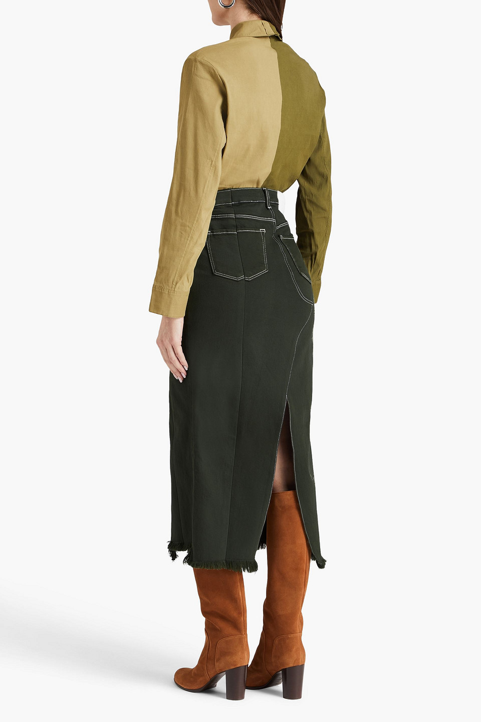 Shop E.l.v. Denim X The Outnet The Reworked Frayed Denim Midi Skirt In Army Green