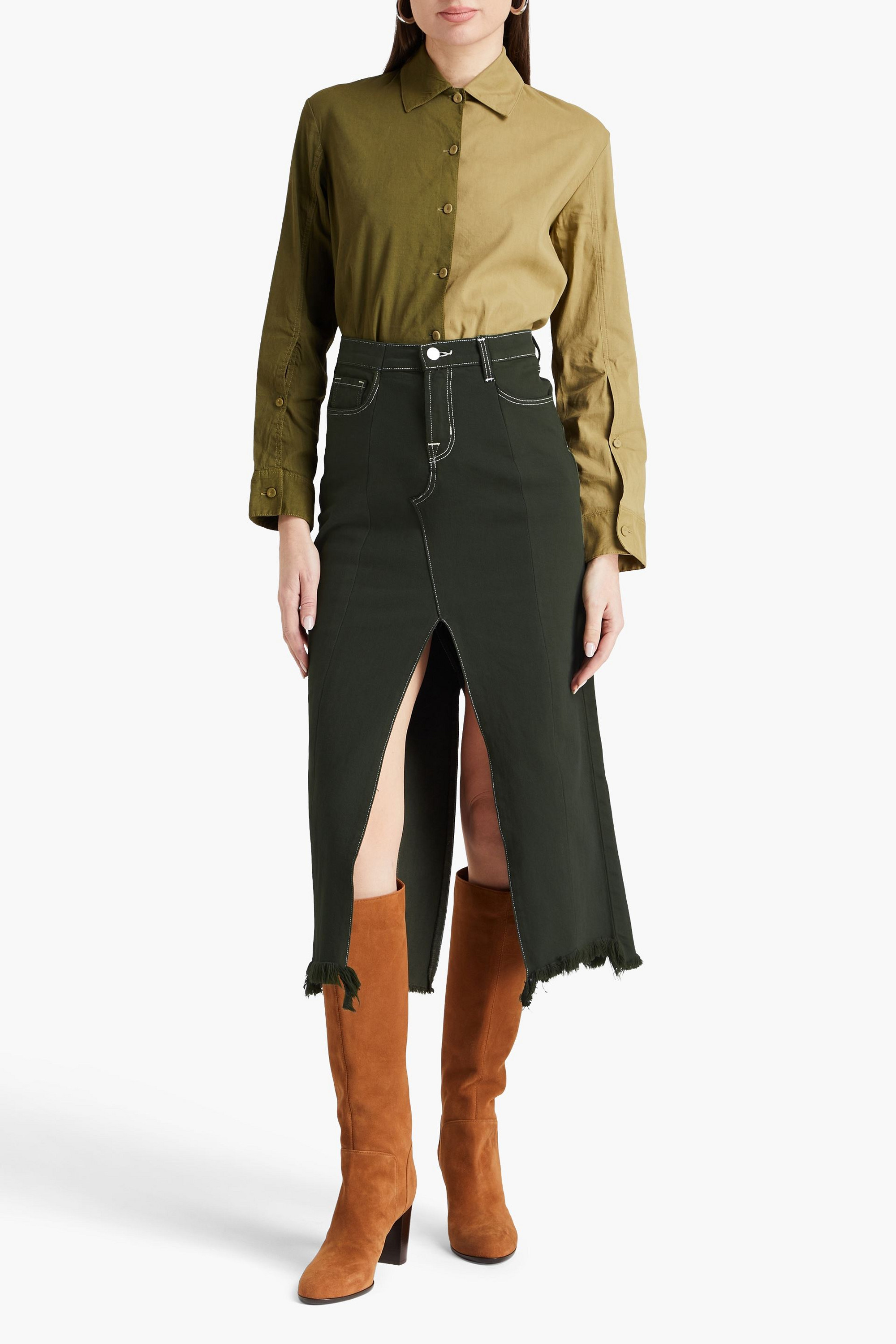 E.L.V. DENIM X THE OUTNET The Reworked frayed denim midi skirt