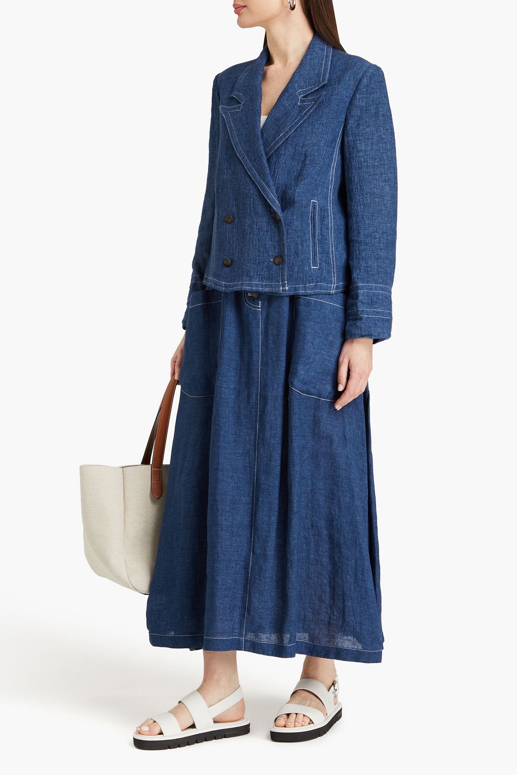 EMPORIO ARMANI Double-breasted linen and cotton-blend chambray blazer