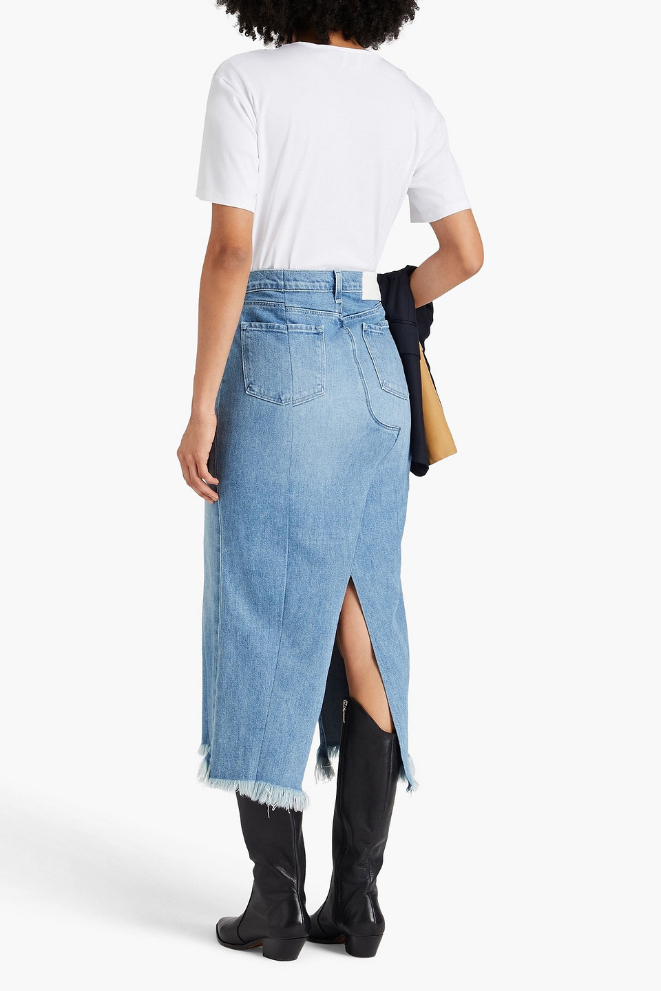 Shop E.l.v. Denim X The Outnet The Reworked Frayed Denim Midi Skirt In Light Denim