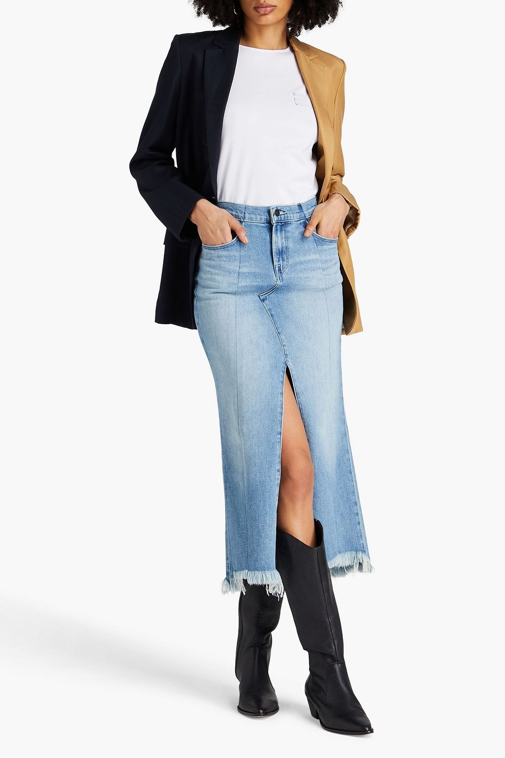 E.L.V. DENIM X THE OUTNET تنورة “ذي ريوركد” متوسطة الطول مصنوعة من الدنيم بحواف منسلة