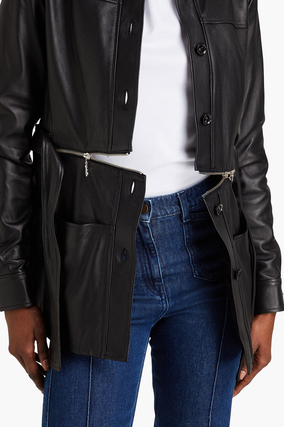 Shop E.l.v. Denim X The Outnet The Modular Convertible Leather Jacket In Black