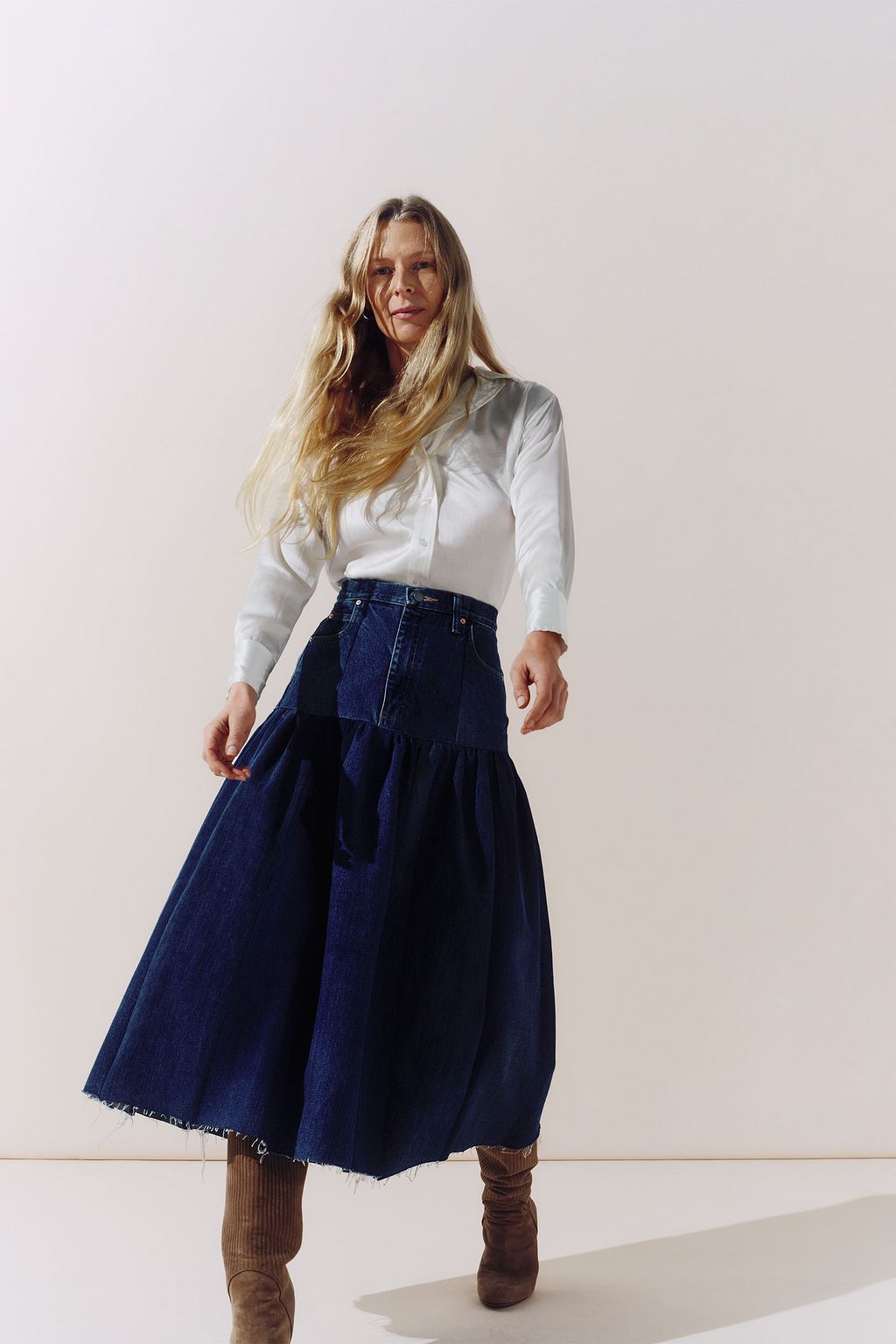 E.L.V. DENIM X THE OUTNET 데님 드롭 웨이스트 미디 스커트
