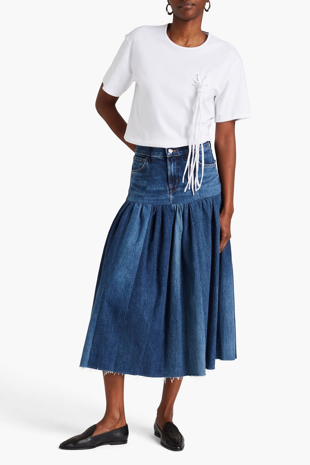E.L.V. DENIM X THE OUTNET 데님 드롭 웨이스트 미디 스커트