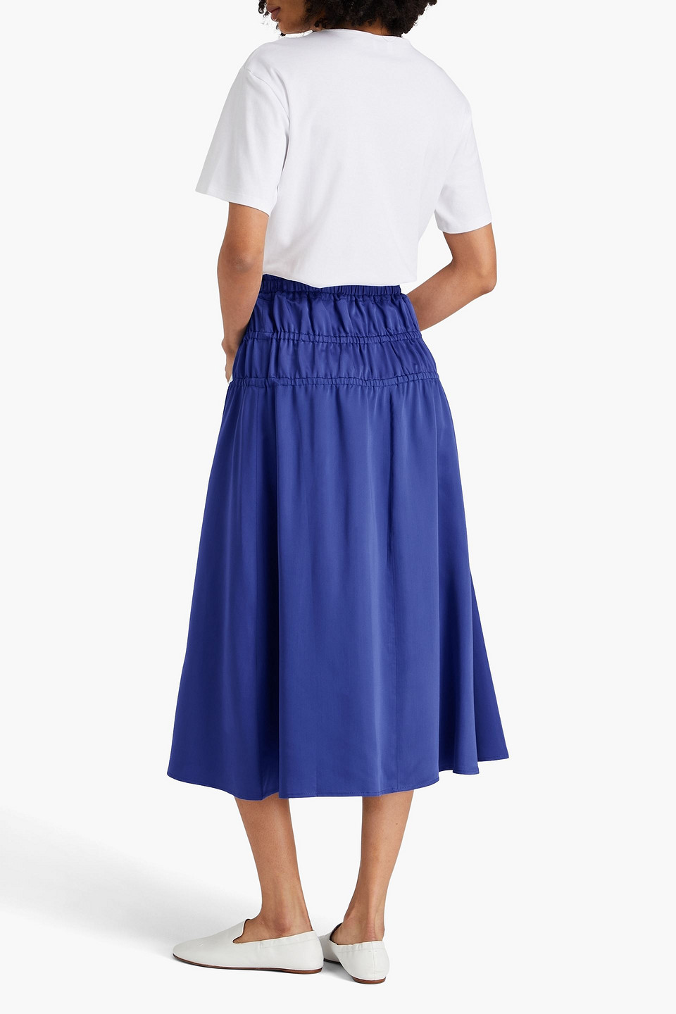E.L.V. DENIM X THE OUTNET THE SHIRRED LYOCELL-BLEND TWILL MIDI SKIRT