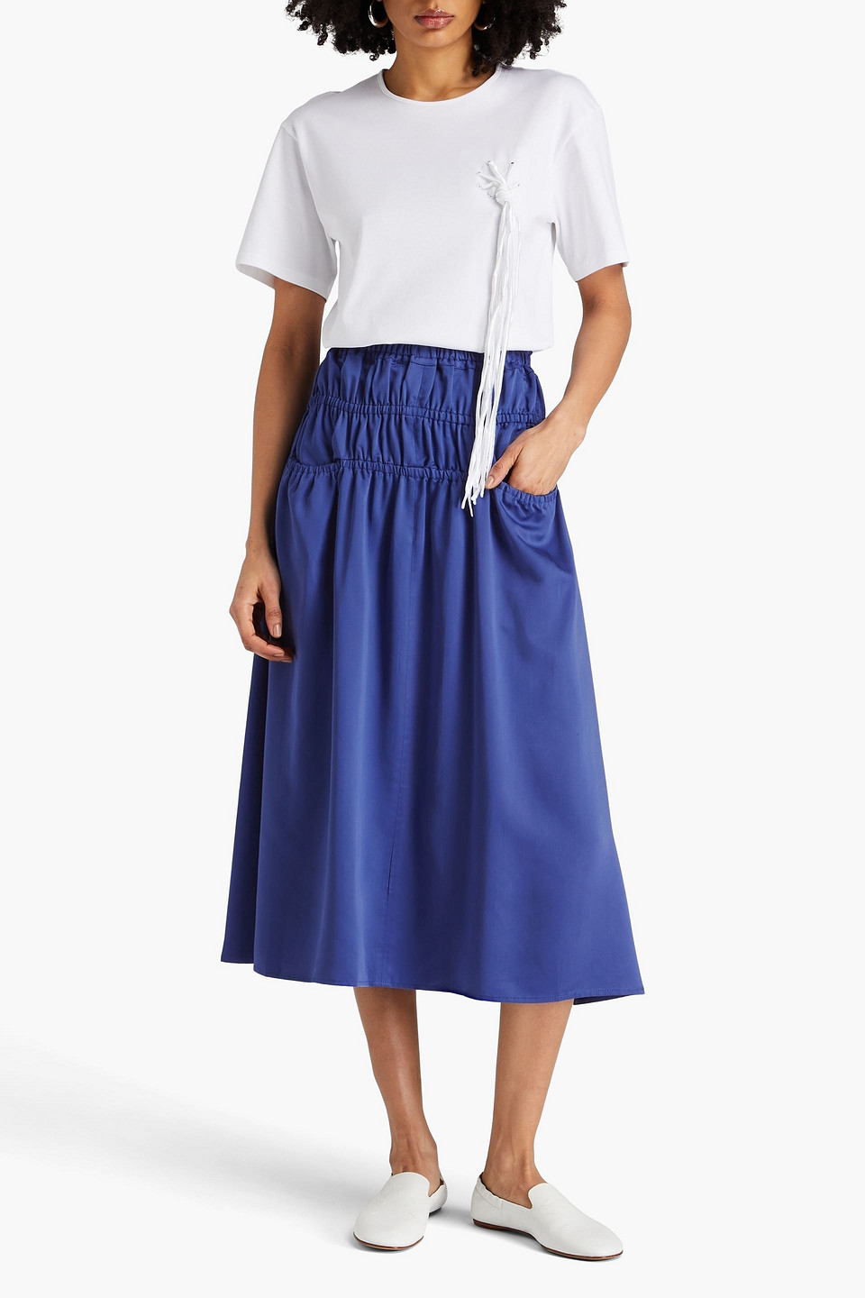 Shop E.l.v. Denim X The Outnet The Shirred Lyocell-blend Twill Midi Skirt In Blue