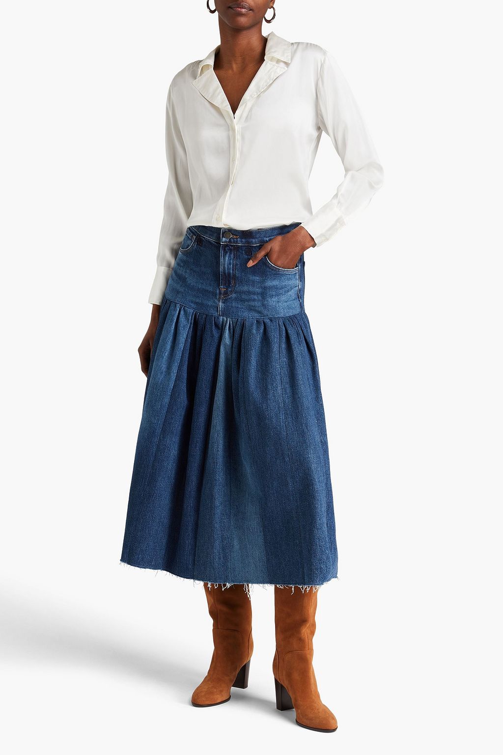E.L.V. DENIM X THE OUTNET قميص “ذي هاند” مصنوع من الحرير بنمط مغسول وبتصميم مطرّز