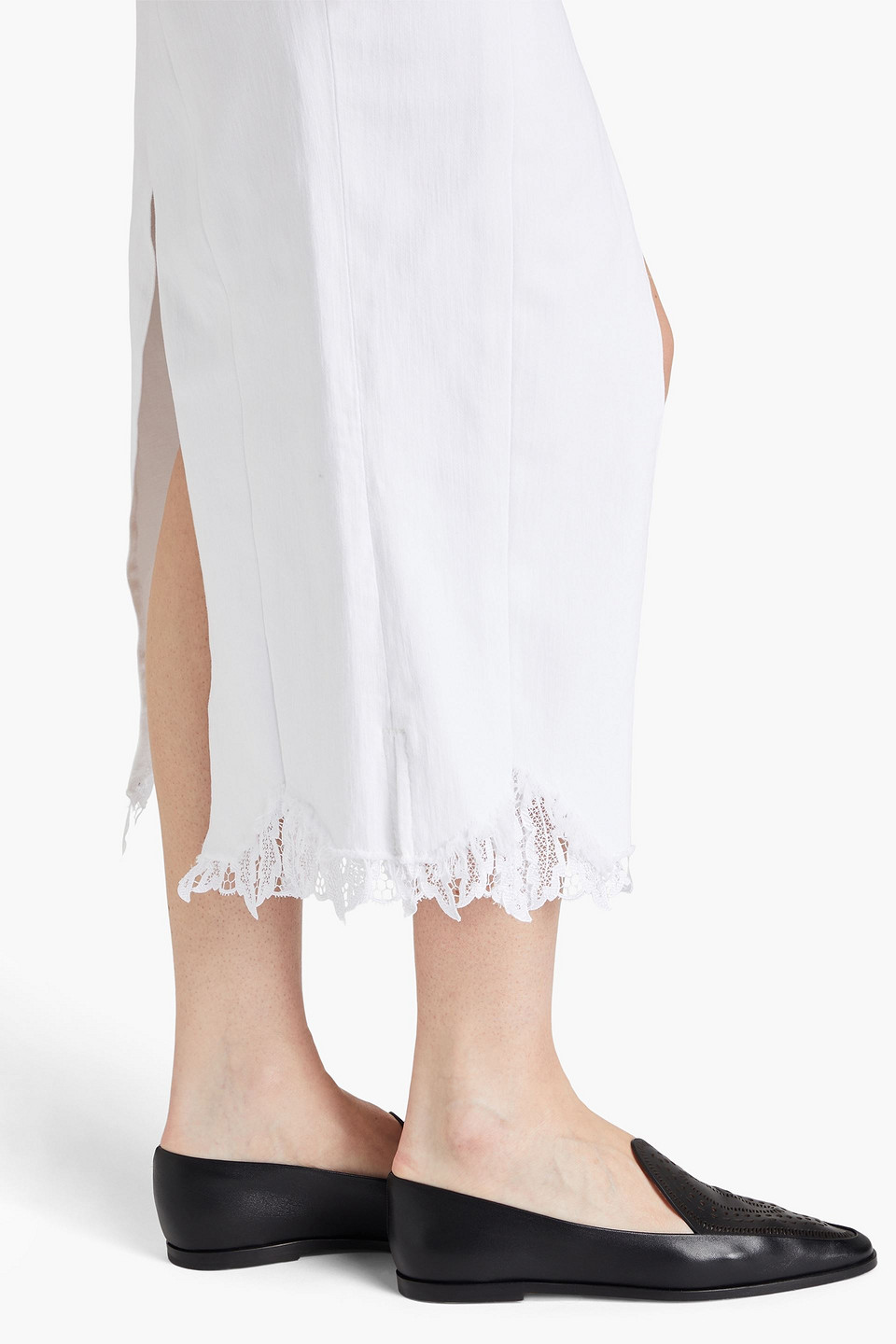 Shop E.l.v. Denim X The Outnet The Reworked Lace-trimmed Denim Midi Skirt In White