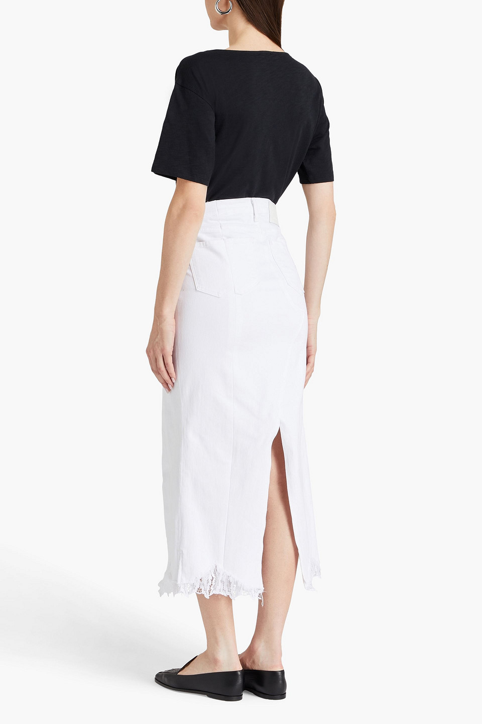 Shop E.l.v. Denim X The Outnet The Reworked Lace-trimmed Denim Midi Skirt In White