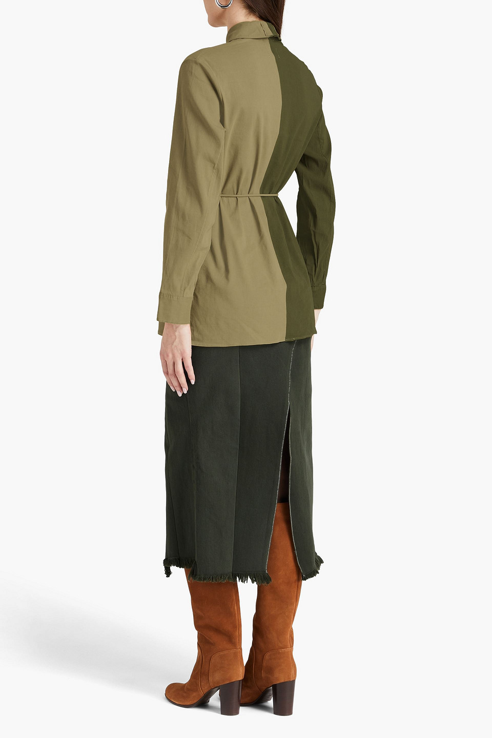 Shop E.l.v. Denim X The Outnet The Split Two-tone Linen-blend Shirt In Army Green