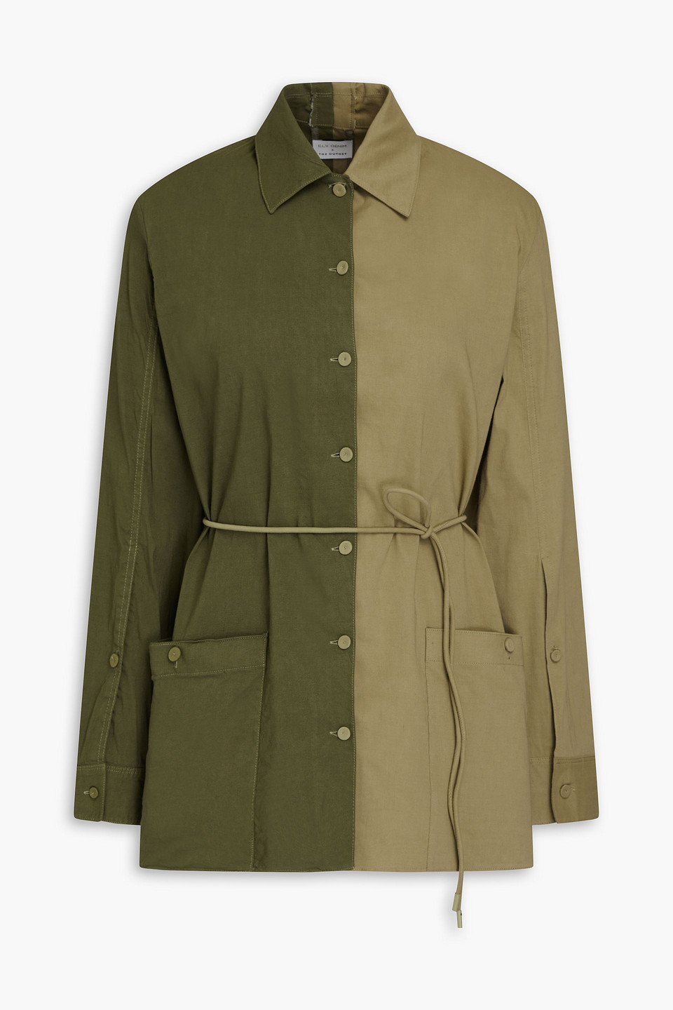 E.l.v. Denim X The Outnet The Split Two-tone Linen-blend Shirt In Army Green