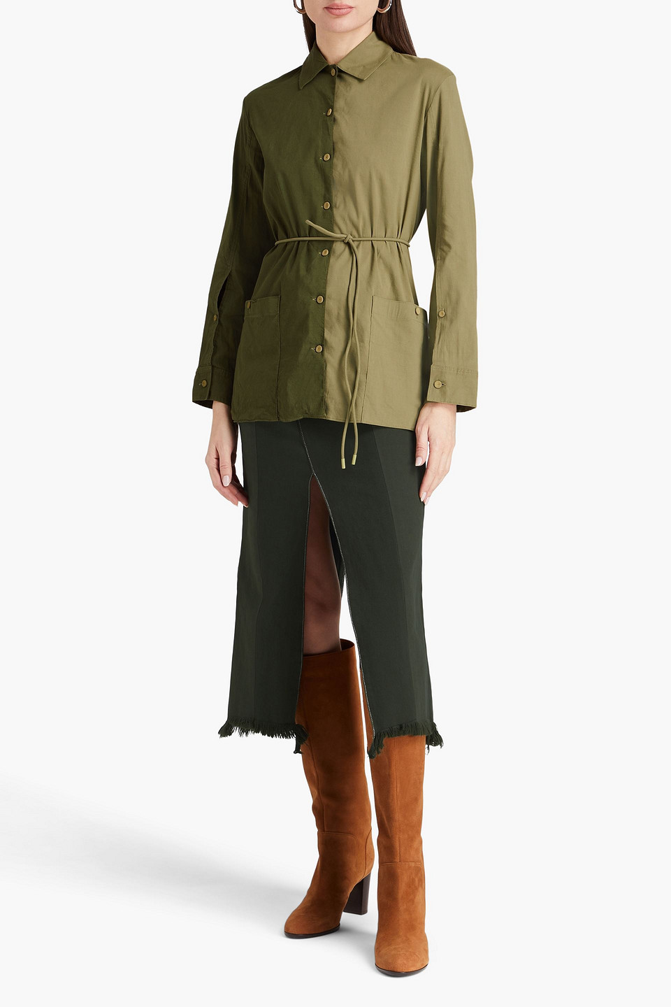 Shop E.l.v. Denim X The Outnet The Split Two-tone Linen-blend Shirt In Army Green