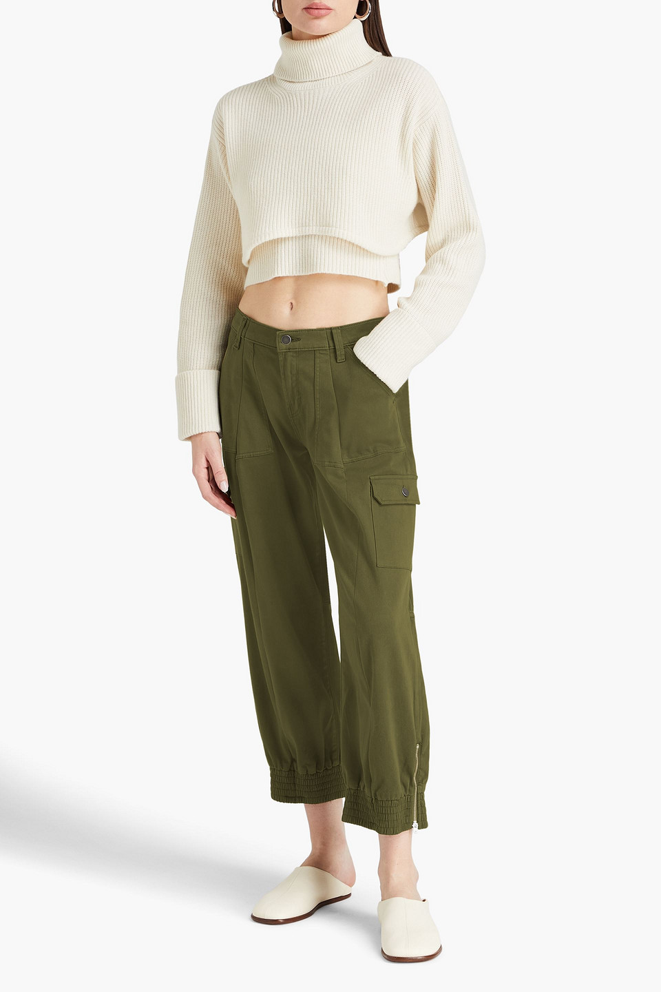 Shop E.l.v. Denim X The Outnet The Cargo Cropped Cotton-blend Pants In Army Green