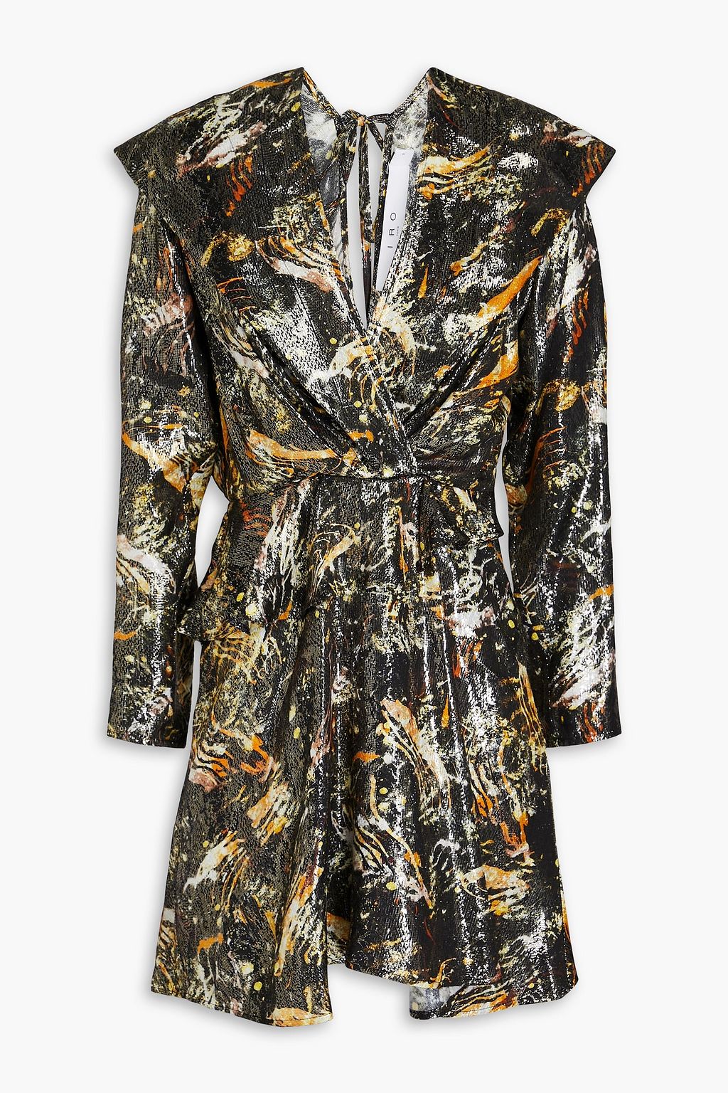 Cutout ruffled metallic jacquard mini dress