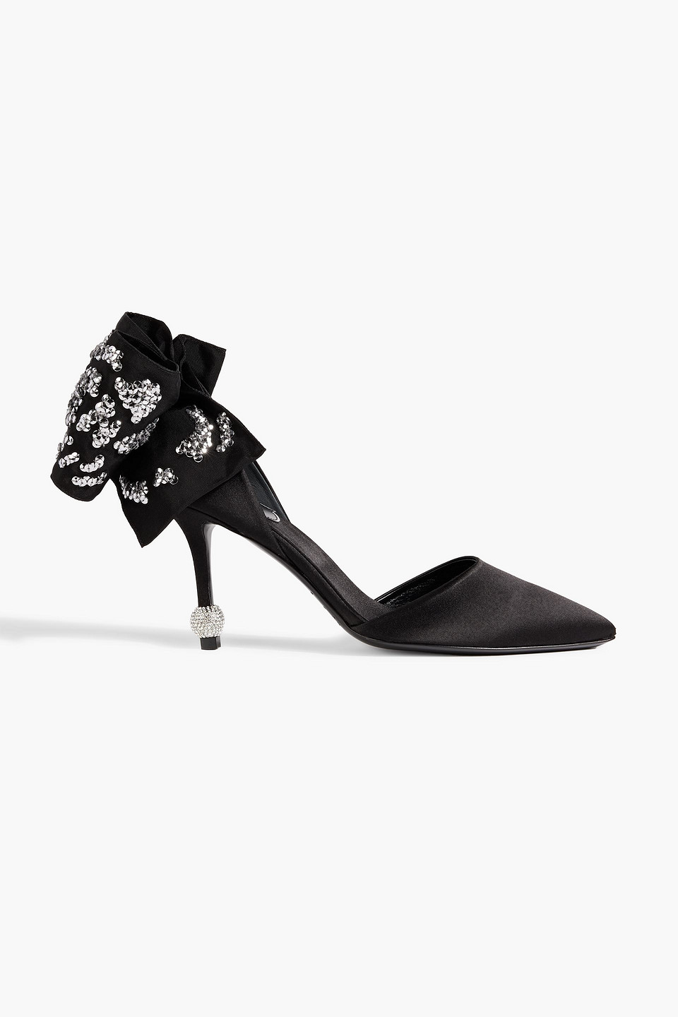 Bow-detailed embellished satin pumps