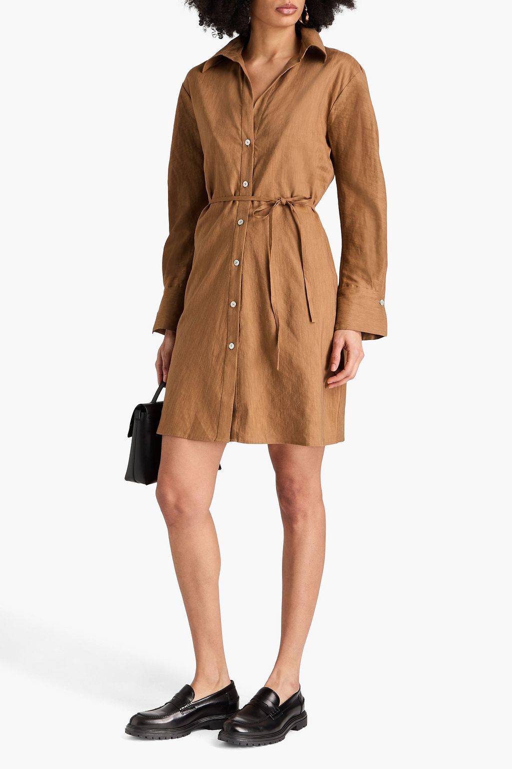 VINCE. Belted linen-blend mini shirt dress