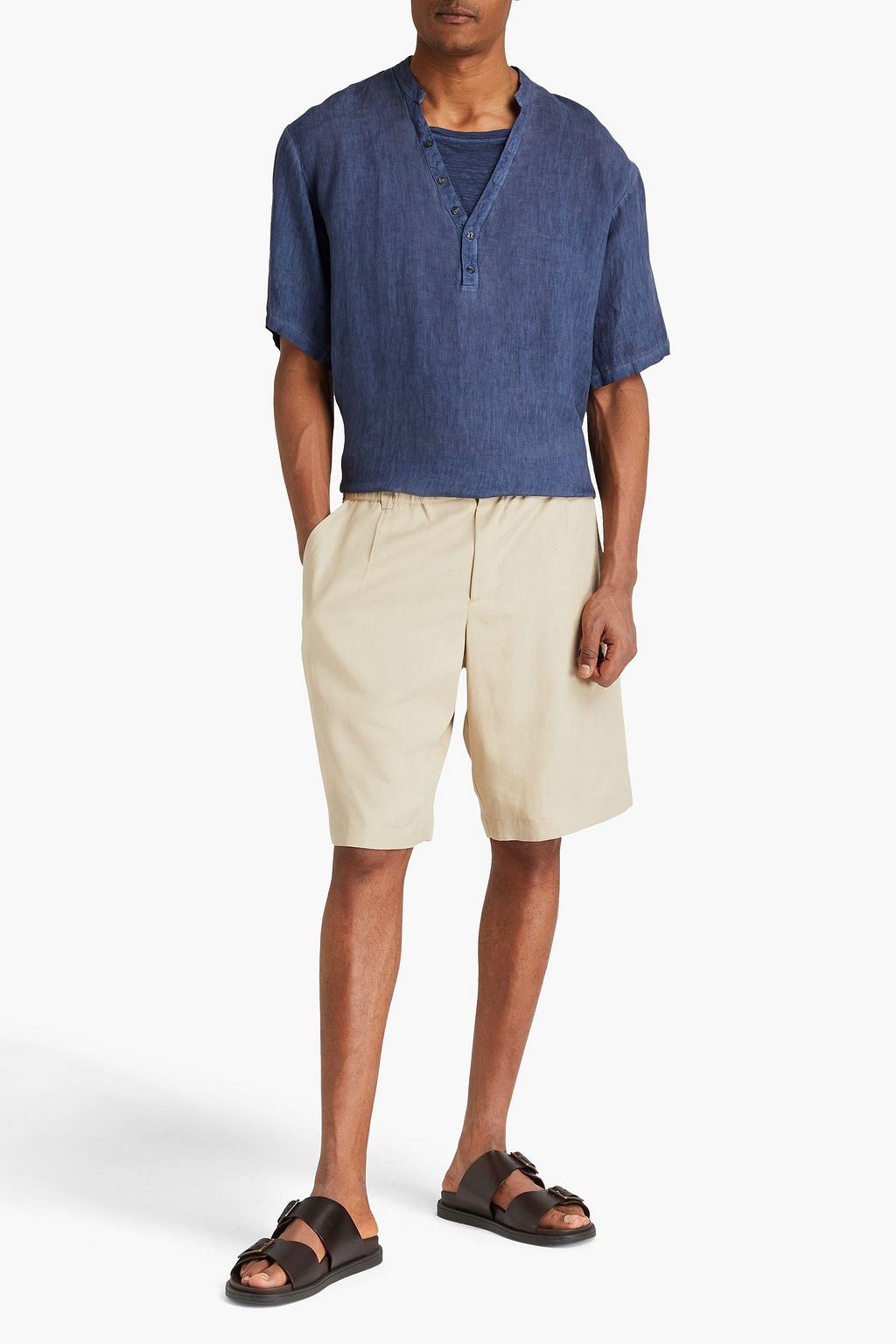 120% LINO Jersey-paneled slub linen Henley shirt
