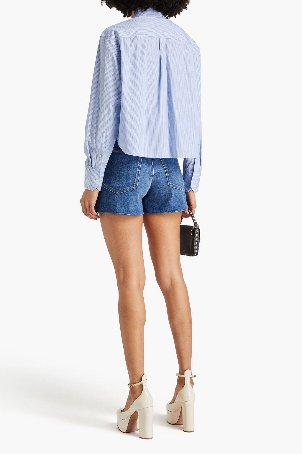 VALENTINO GARAVANI Embellished lace-paneled striped cotton-poplin shirt