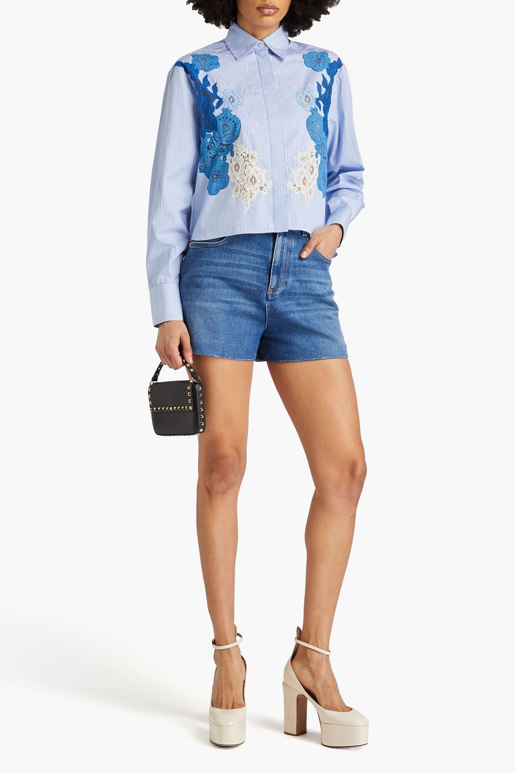 VALENTINO GARAVANI Embellished lace-paneled striped cotton-poplin shirt