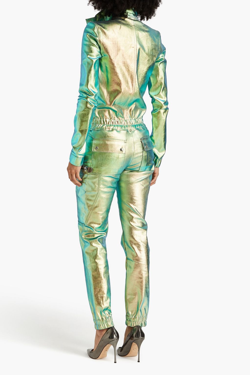 RICK OWENS Iridescent-effect coated denim jumpsuit